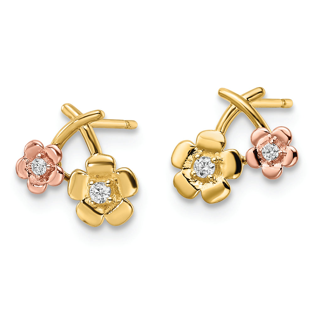 Pendientes de Botón en Oro de 14k Bicolor con Flores de CZ