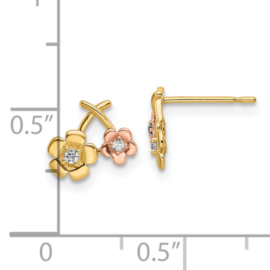 Pendientes de Botón en Oro de 14k Bicolor con Flores de CZ