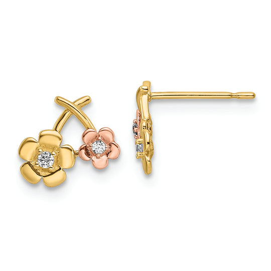 Pendientes de Botón en Oro de 14k Bicolor con Flores de CZ