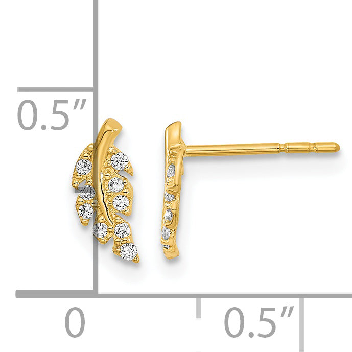 Pendientes de Botón de Oro Amarillo de 14k Pulido con Hoja y Circonitas Cúbicas (CZ)