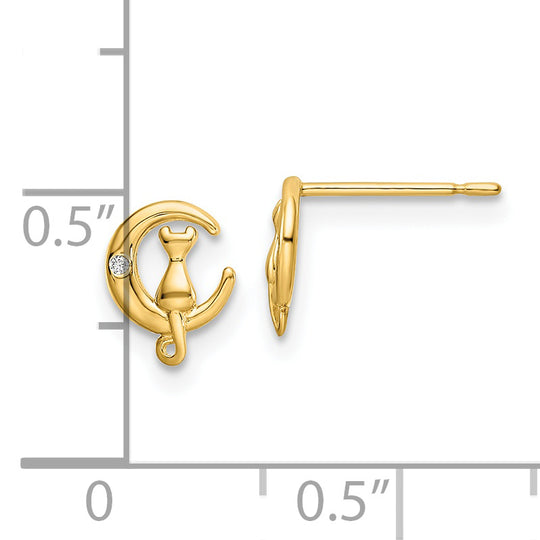 Pendientes de Botón de Oro Amarillo de 14k con Circonitas Cúbicas (CZ) - Gato en la Luna