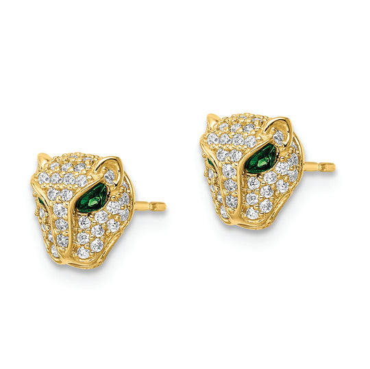 Pendientes de Poste con Cabeza de Leona de CZ Verde y Blanca Pulidos de 14K