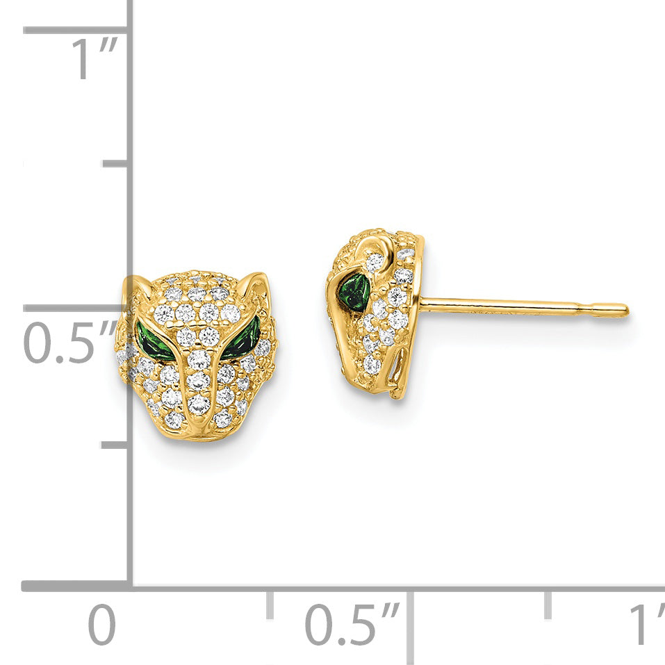 Pendientes de Poste con Cabeza de Leona de CZ Verde y Blanca Pulidos de 14K