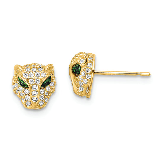 Pendientes de Poste con Cabeza de Leona de CZ Verde y Blanca Pulidos de 14K