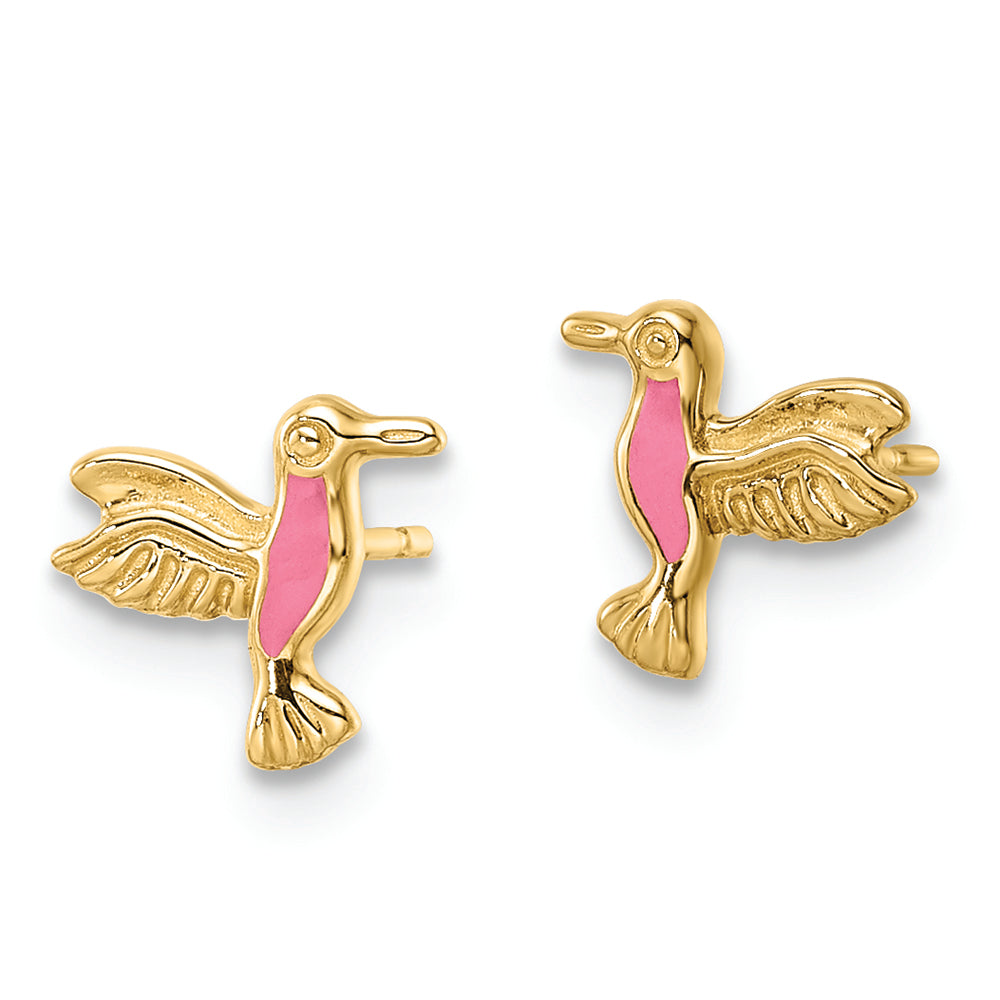 Pendientes de Estudio de Colibrí con Esmalte Rosa de 14k