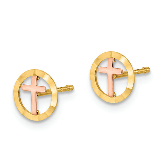 Pendientes de Botón con Cruz en Círculo Bicolor de 14k