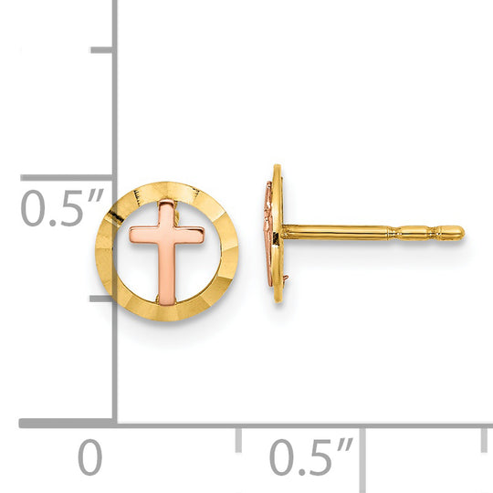 Pendientes de Botón con Cruz en Círculo Bicolor de 14k