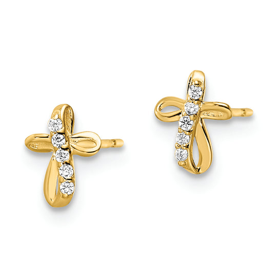 Pendientes de Botón Cruz con CZ en Oro Amarillo de 14k