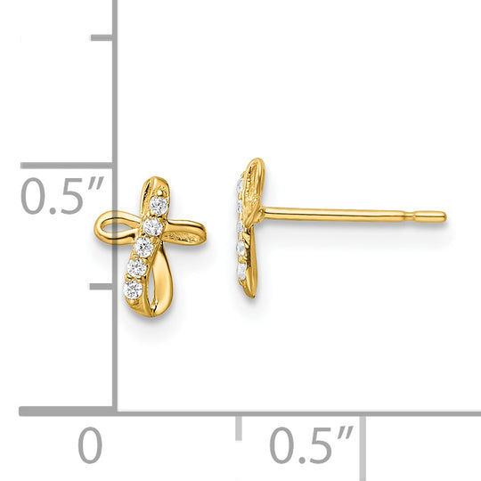 Pendientes de Botón Cruz con CZ en Oro Amarillo de 14k