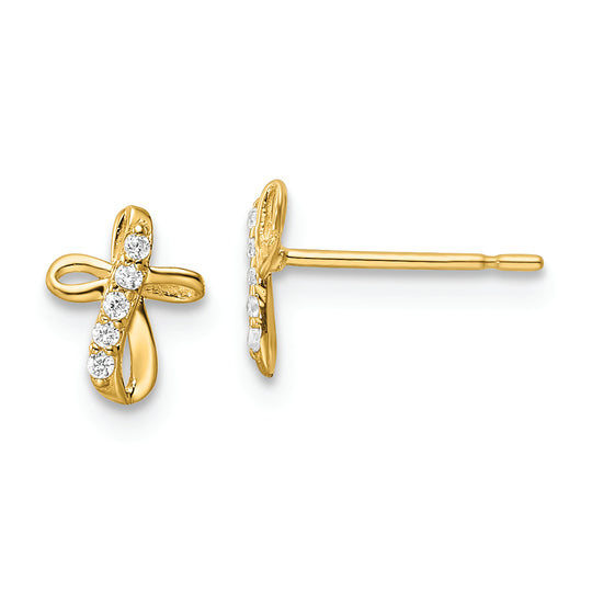 Pendientes de Botón Cruz con CZ en Oro Amarillo de 14k