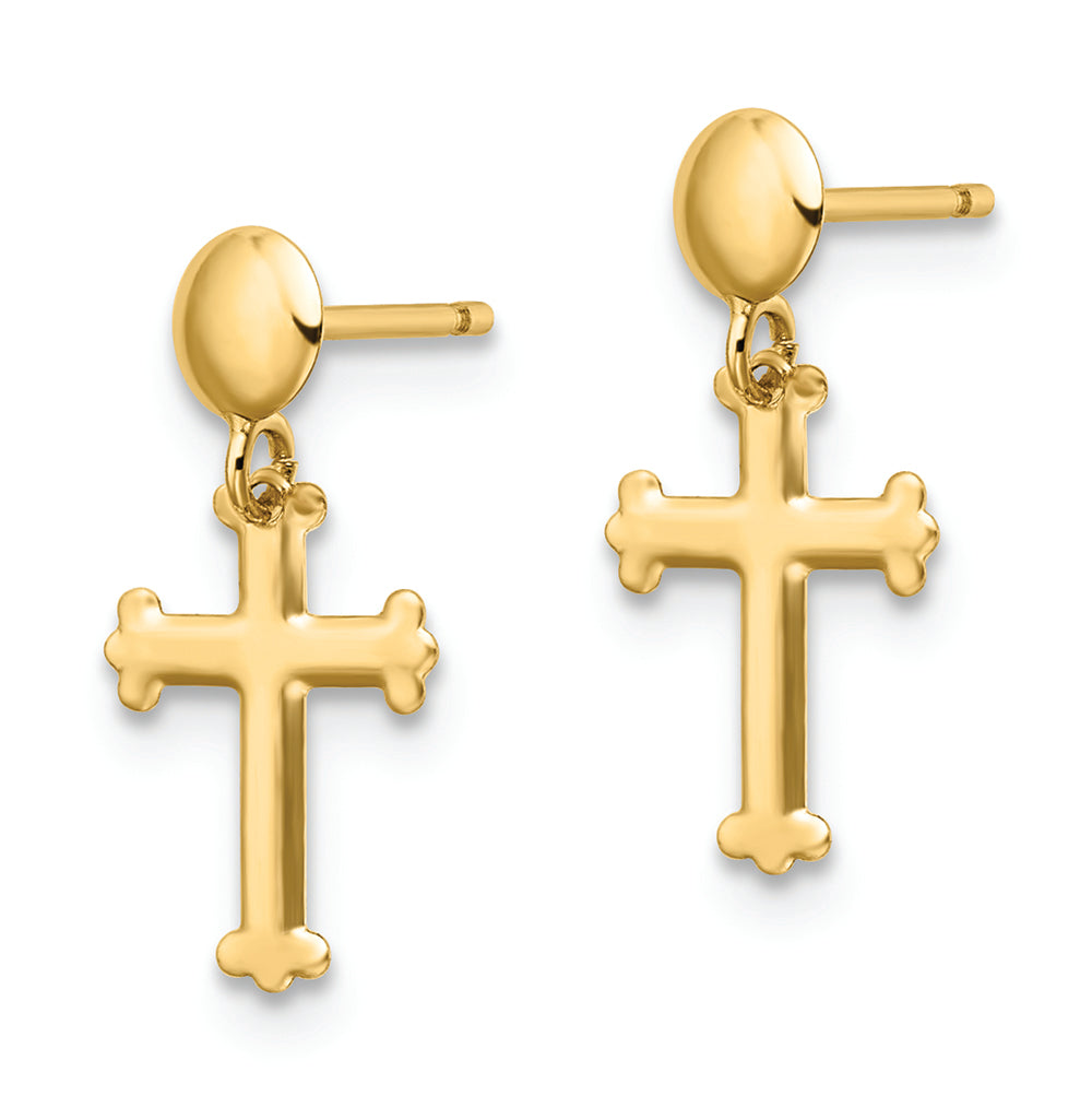 Pendientes Colgantes con Cruz Pulida en Oro de 14k