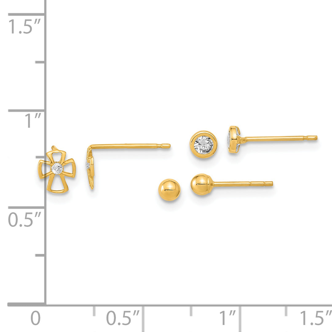 Juego de 3 Pares de Pendientes en Oro Amarillo de 14k Pulido con Cruz, Aro y Circonia Cubica (CZ) en Engaste Bezel