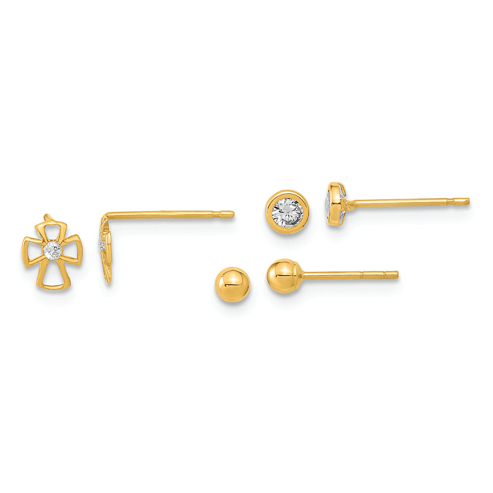 Juego de 3 Pares de Pendientes en Oro Amarillo de 14k Pulido con Cruz, Aro y Circonia Cubica (CZ) en Engaste Bezel