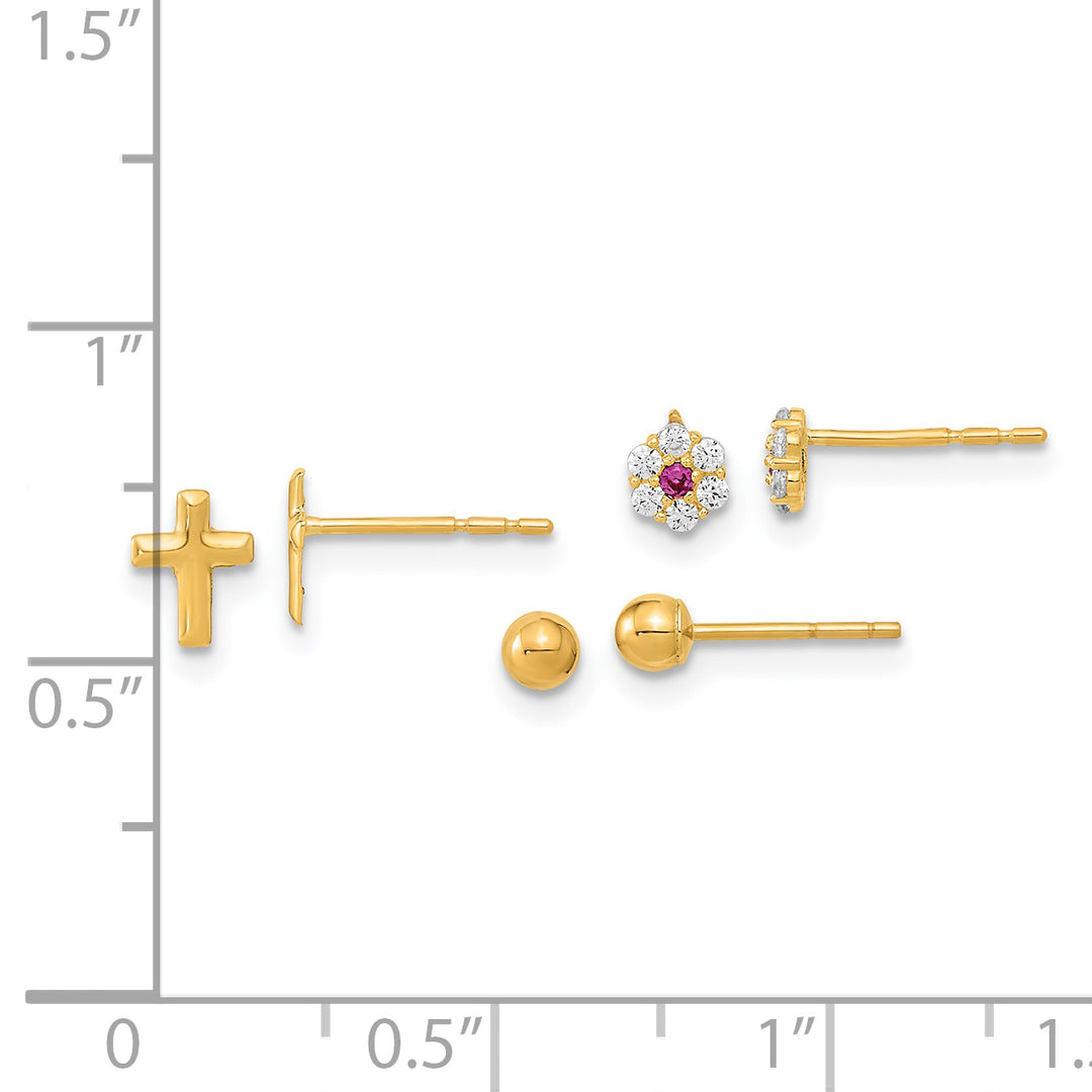 Juego de 3 Pares de Pendientes en Oro Amarillo de 14k Pulido con Flores y Cruz en CZ (Circonia Cubica)