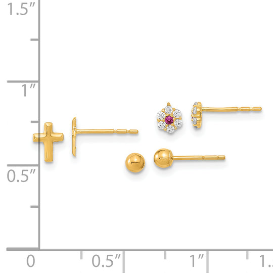 Juego de 3 Pares de Pendientes en Oro Amarillo de 14k Pulido con Flores y Cruz en CZ (Circonia Cubica)