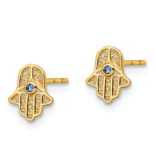 Aretes Hamsa en Oro de 14k con Piedra de Vidrio Azul