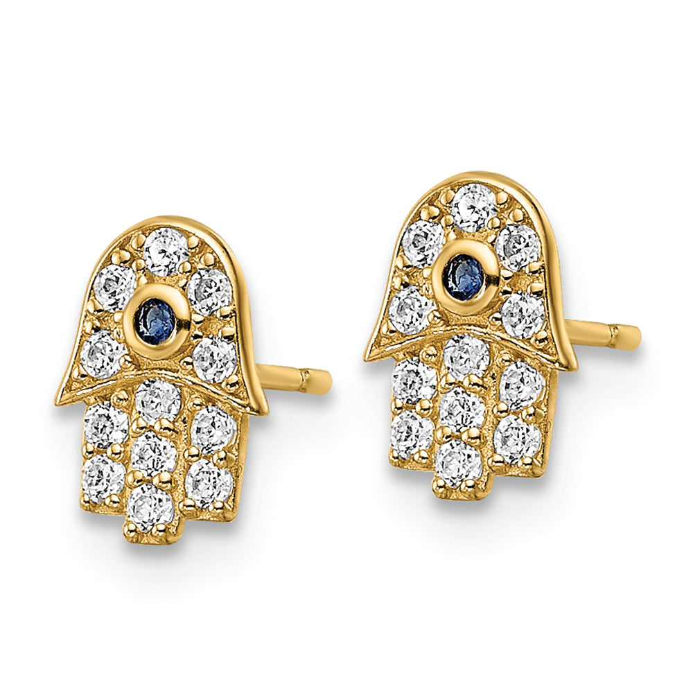 Aretes Hamsa en Oro de 14k con Piedras CZ y Vidrio Azul