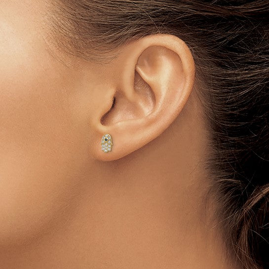 Aretes Hamsa en Oro de 14k con Piedras CZ y Vidrio Azul