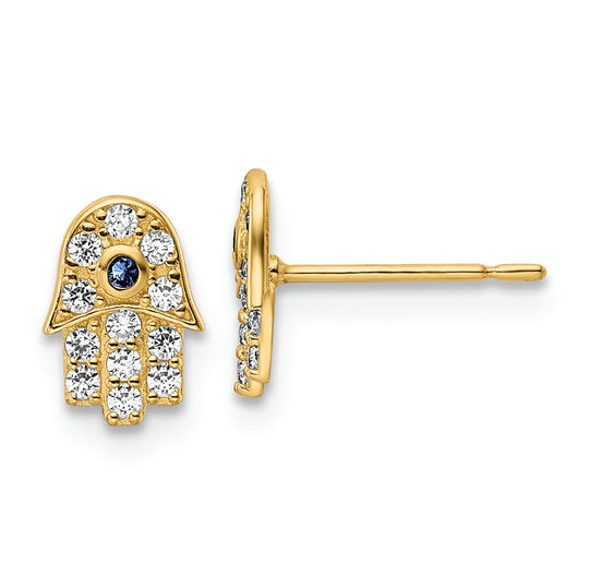 Aretes Hamsa en Oro de 14k con Piedras CZ y Vidrio Azul