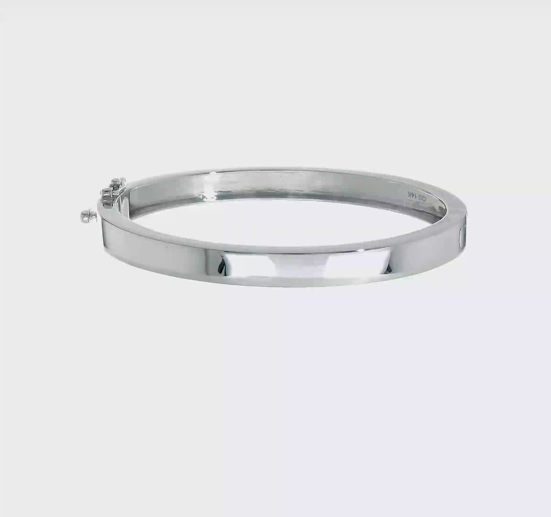 Pulsera Bangle de Oro Blanco de 14k, 6.3mm, Sólida, Pulida con Bisagra