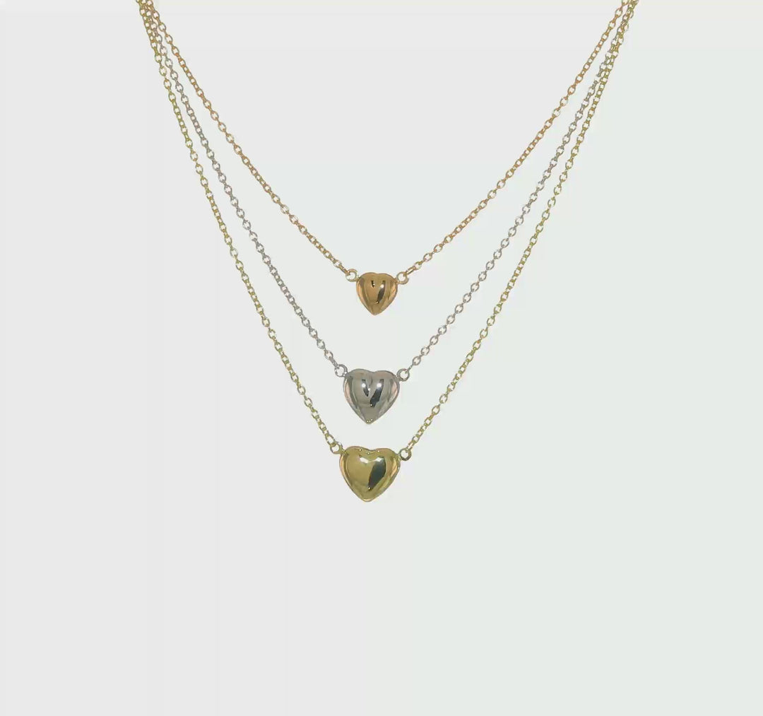 Collar de 14K Tricolor con Tres Corazones y Extensor de 1”Pulgada