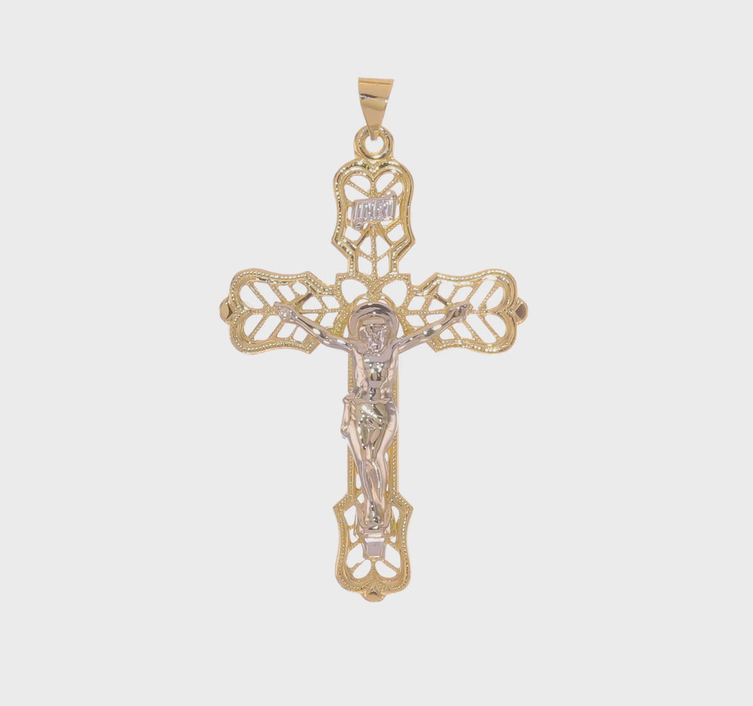 Colgante de Crucifijo Filigrana INRI en Oro de 14k Bicolor Sólido