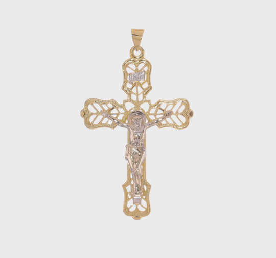 Colgante de Crucifijo Filigrana INRI en Oro de 14k Bicolor Sólido