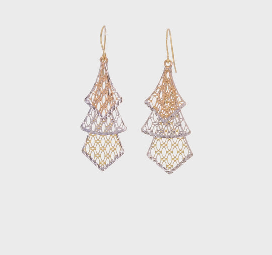 Aretes Colgantes Filigrana Pulidos con Corte Tipo Diamante en Oro Tri-Color de 14K