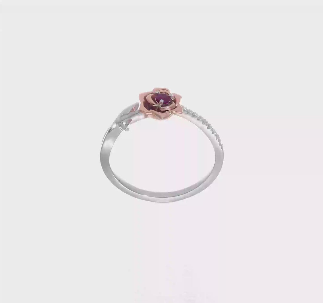 Anillo de Rubí y Diamante en Oro Blanco y Rosa de 14k en Forma de Flor