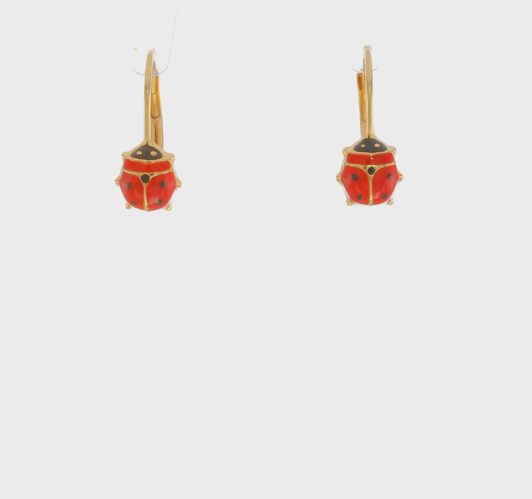 Pendientes de Enganche con Mariquita Esmaltada y Pulida de Oro de 14k