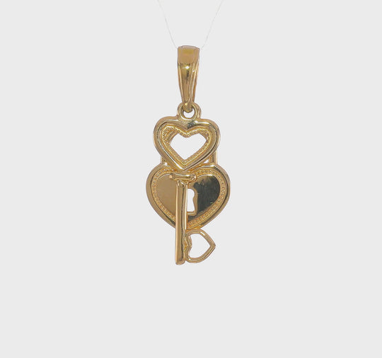 Colgante de Llave y Candado en Forma de Corazón Móvil de Oro Amarillo Pulido de 14K