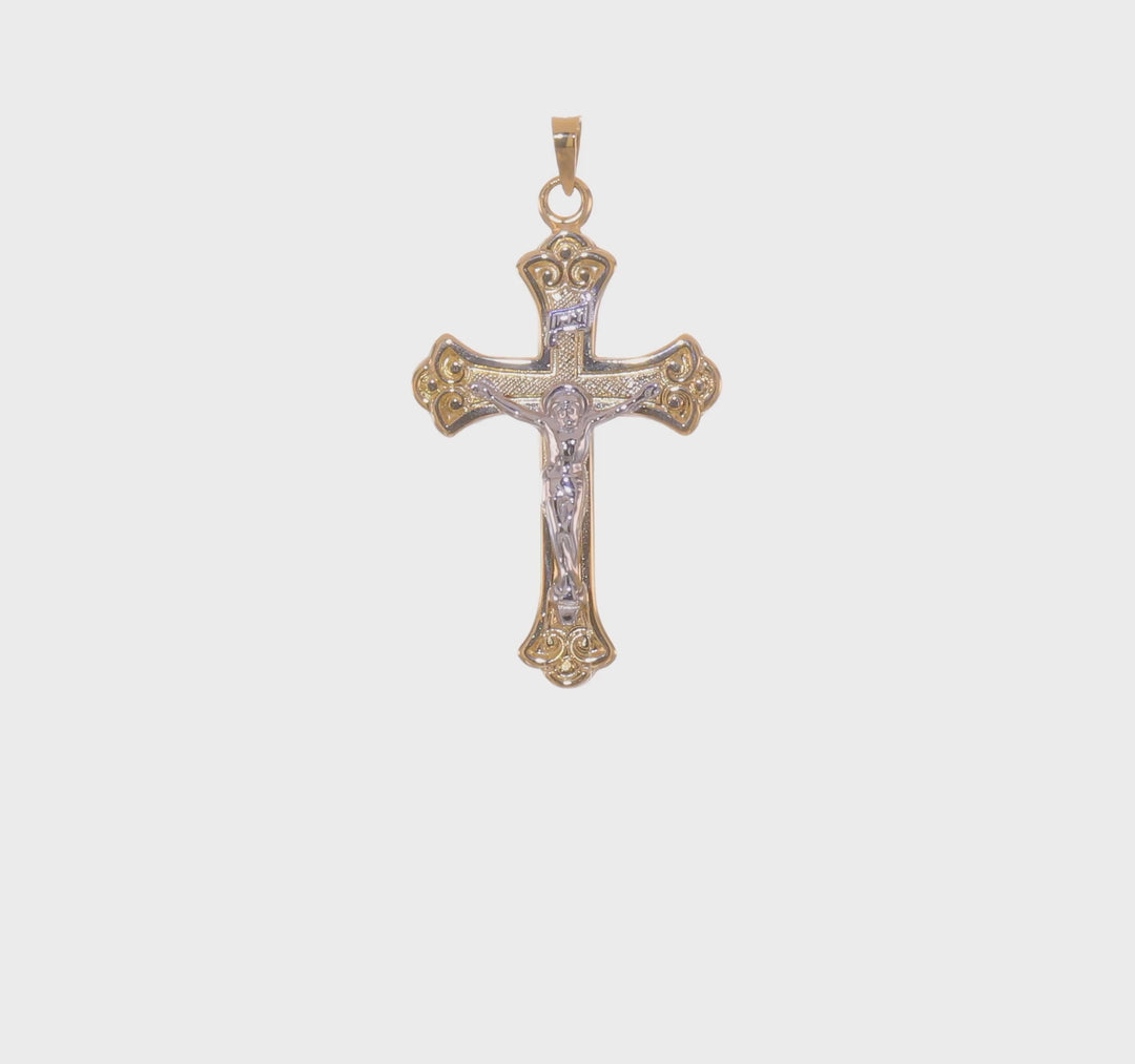 Colgante de Crucifijo INRI con Flor de Lis en Oro de 14k Bicolor, Pulido y Sólido