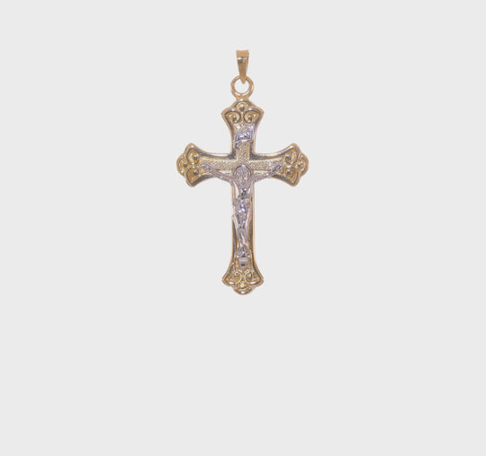 Colgante de Crucifijo INRI con Flor de Lis en Oro de 14k Bicolor, Pulido y Sólido