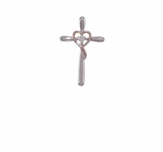 Colgante de Cadena con Cruz de Dos Tonos y Corazón en Oro 14K con Diamantes