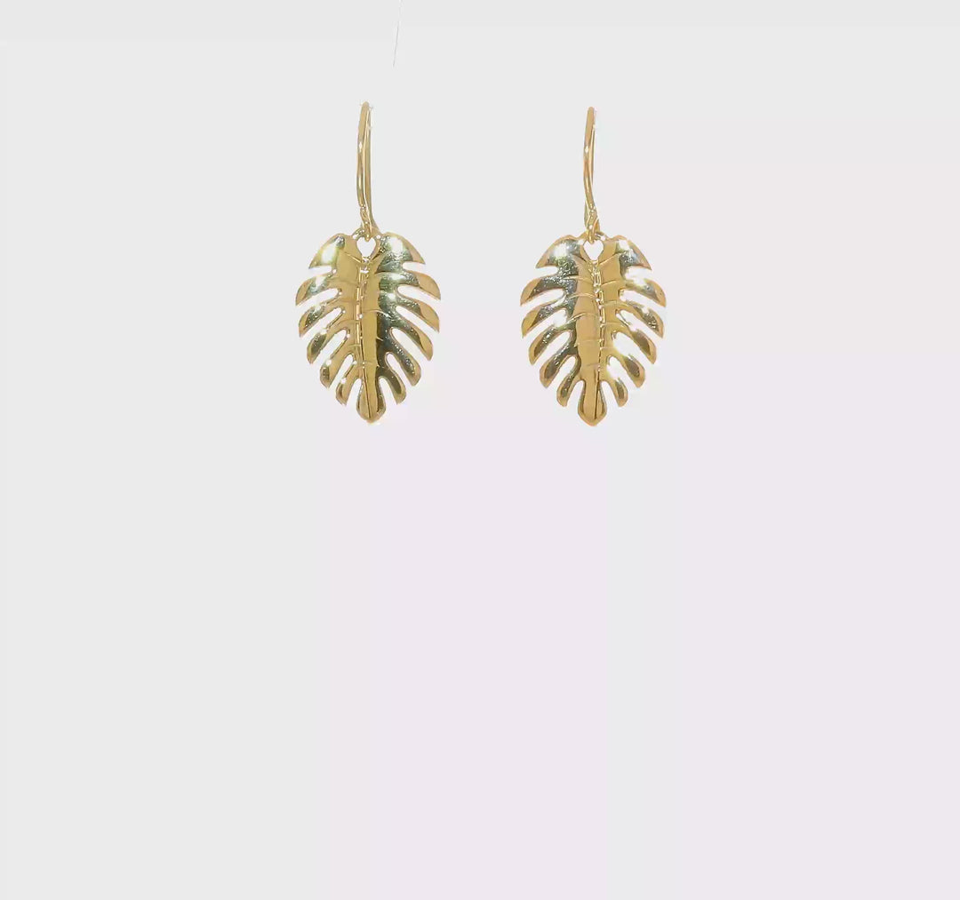 Aretes Colgantes de Hoja de Palma Pulidos de 14K