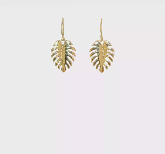 Aretes Colgantes de Hoja de Palma Pulidos de 14K