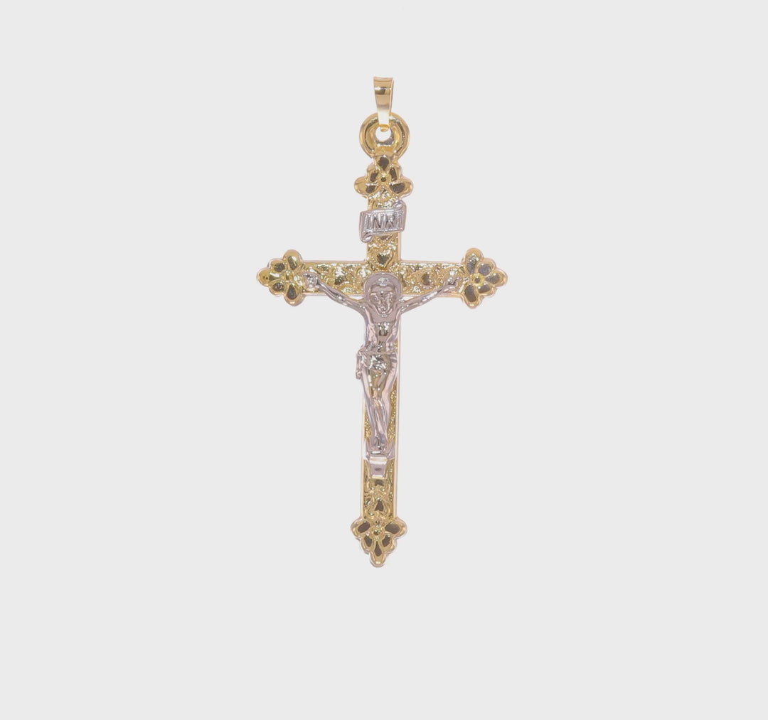 Colgante de Crucifijo Budded INRI Hueco Bicolor Pulido en Oro de 14k