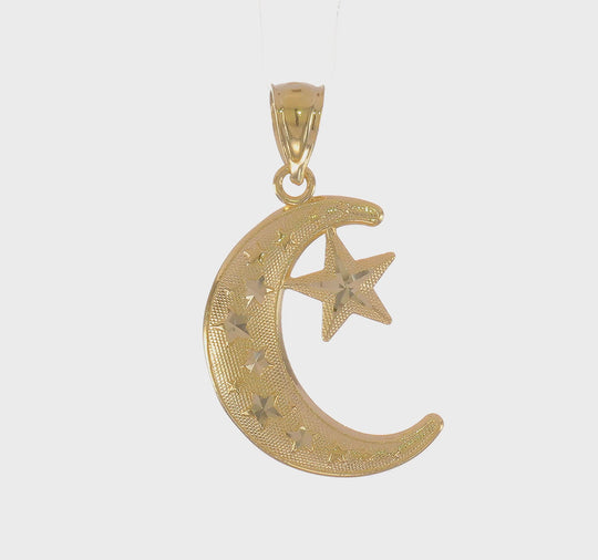 Colgante de Luna y Estrellas en Oro Amarillo de 14K Pulido y Texturizado