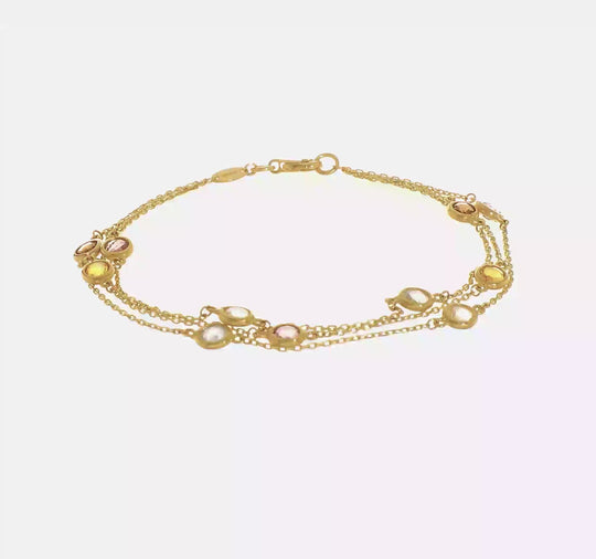 Pulsera de 3 Cadenas con Cuarzo Ahumado, Cuarzo Blanco, Citrino, Topacio Azul Cielo y Amatista 14K