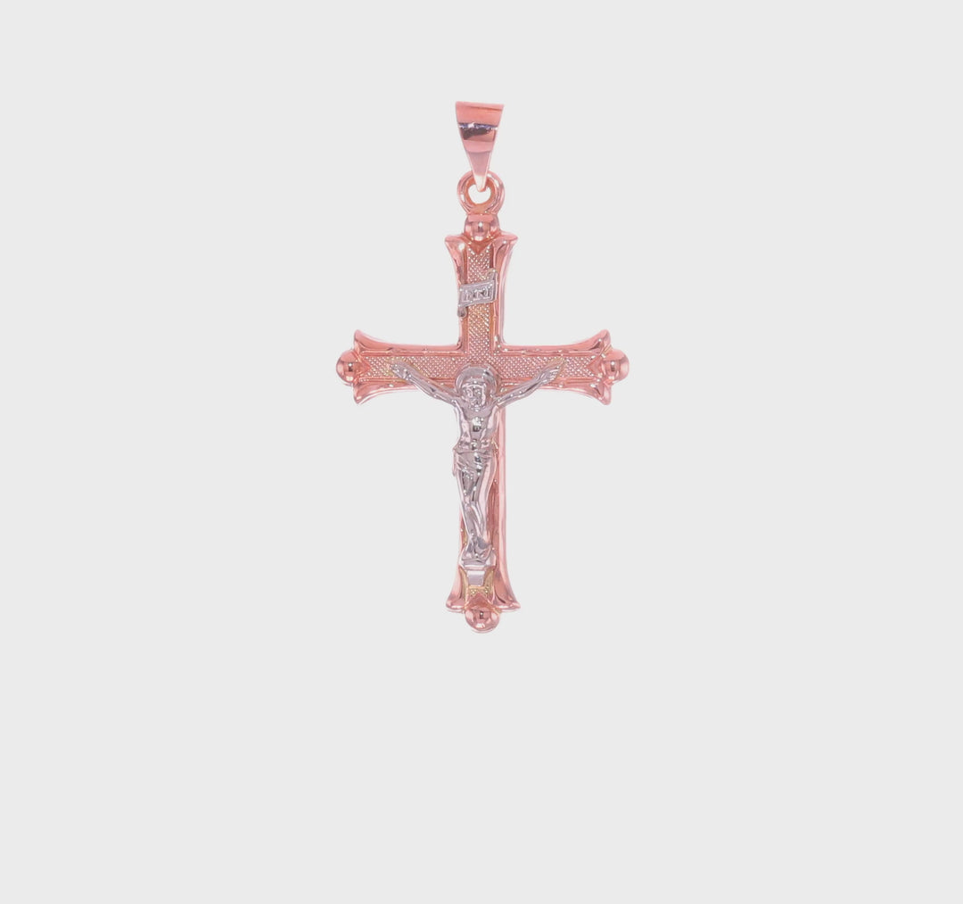 Crucifijo Hueco Fleur de Lis INRI en Oro Rosa y Blanco de 14k