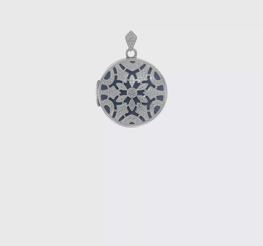 14k Oro Blanco Filigrana Locket Redondo de 20 mm con Diamante de 0.01 ct