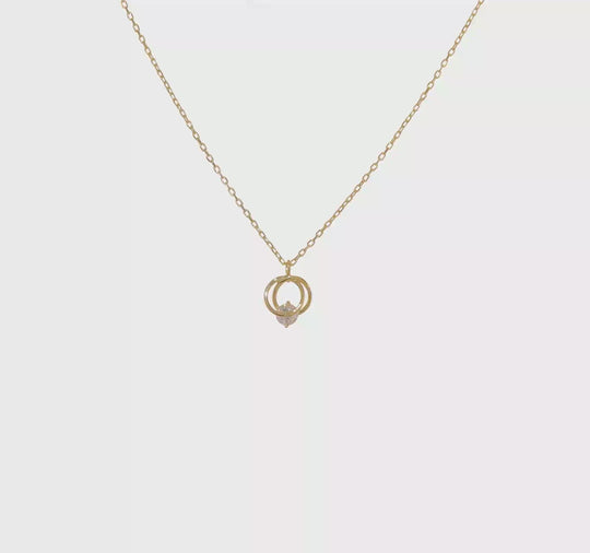 Collar de Oro Amarillo de 14K con Doble Círculo Pulido y Circonia Cúbica, 15" con Extensor de 1"