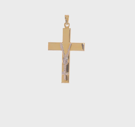 Colgante de Cruz de Rosario Hueco Bicolor Pulido en Oro de 14k