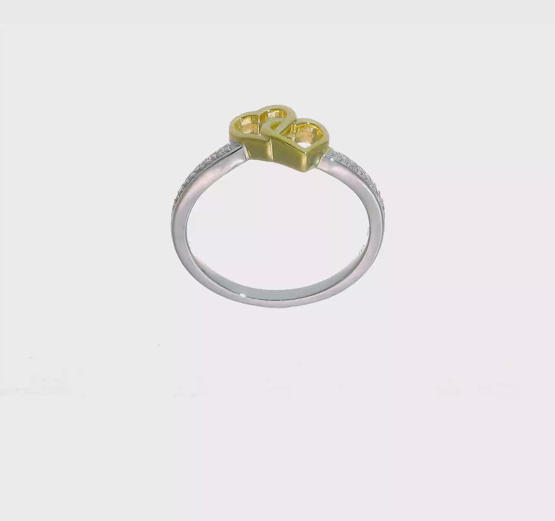 Anillo de Oro Bicolor de 14k Pulido con Diseño de Doble Corazón y Diamantes