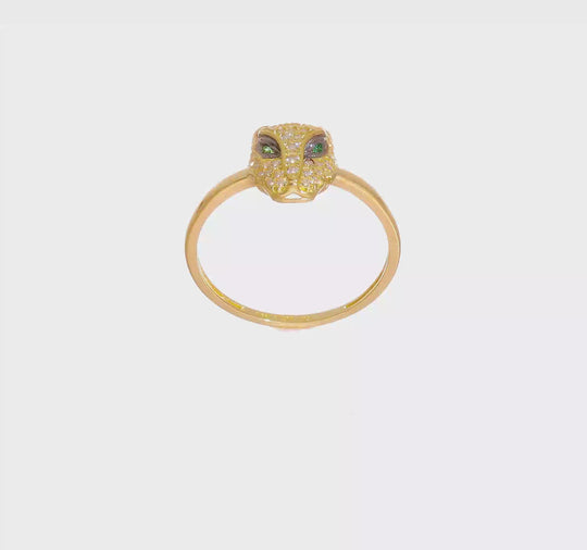 Anillo Cabeza de Leona con CZ Verde y Blanco Pulido en Oro Amarillo de 14k