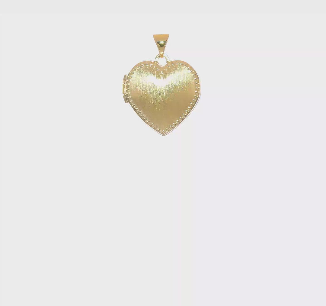 Locket Corazón de Oro Amarillo de 14k con Borde de Perlas y Acabado Cepillado (18mm)