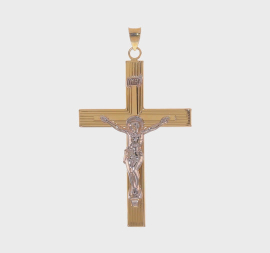 Colgante de Cruz Crucifijo INRI Sólido de 14K Bicolor Pulido