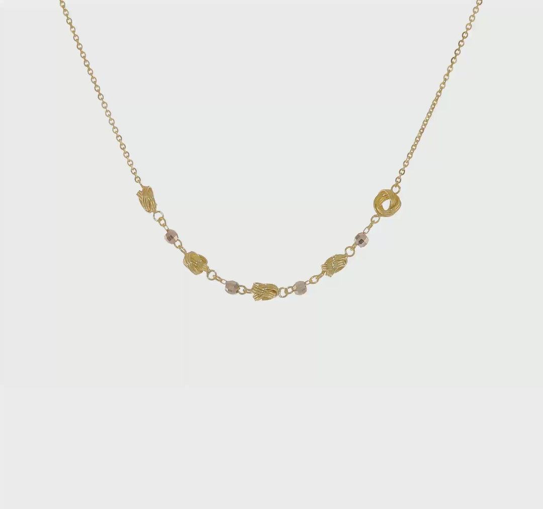 Collar de Nudos de Amor y Perlas D/C Pulidos en Oro 14K Bicolor con Extensor de 2 Pulgadas