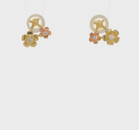 Pendientes de Botón en Oro de 14k Bicolor con Flores de CZ