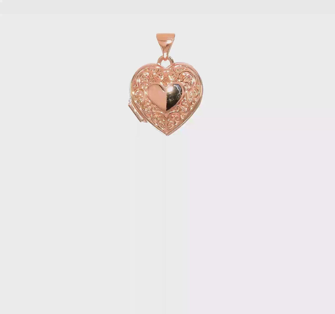 10k Oro Rosa Locket de Corazón con Diseño de Pergamino de 15 mm